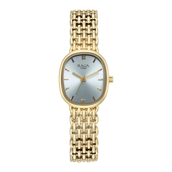 Titan Raga Blue Shaped Dial Gold Metal Strap Analog Watch For Women