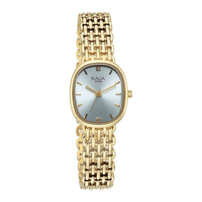 Titan Raga Blue Shaped Dial Gold Metal Strap Analog Watch For Women