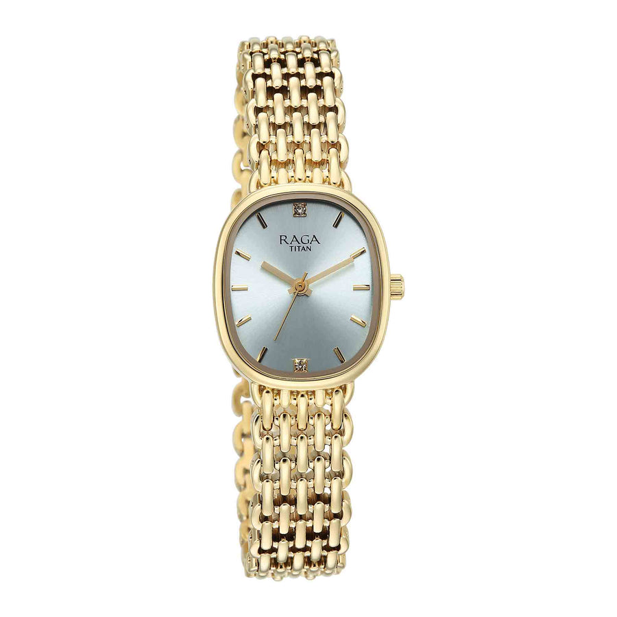 Titan Raga Blue Shaped Dial Gold Metal Strap Analog Watch For Women