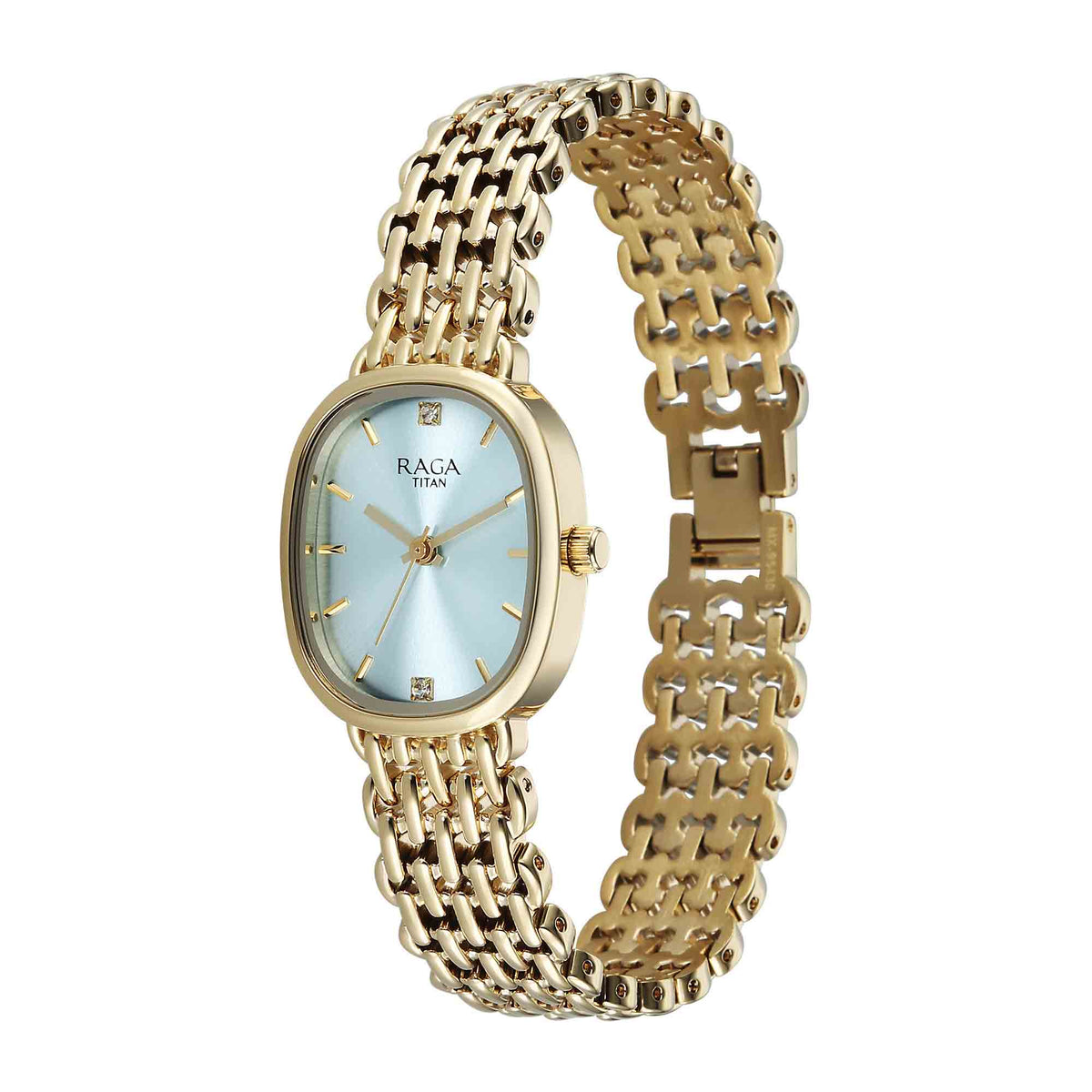Titan Raga Blue Shaped Dial Gold Metal Strap Analog Watch For Women