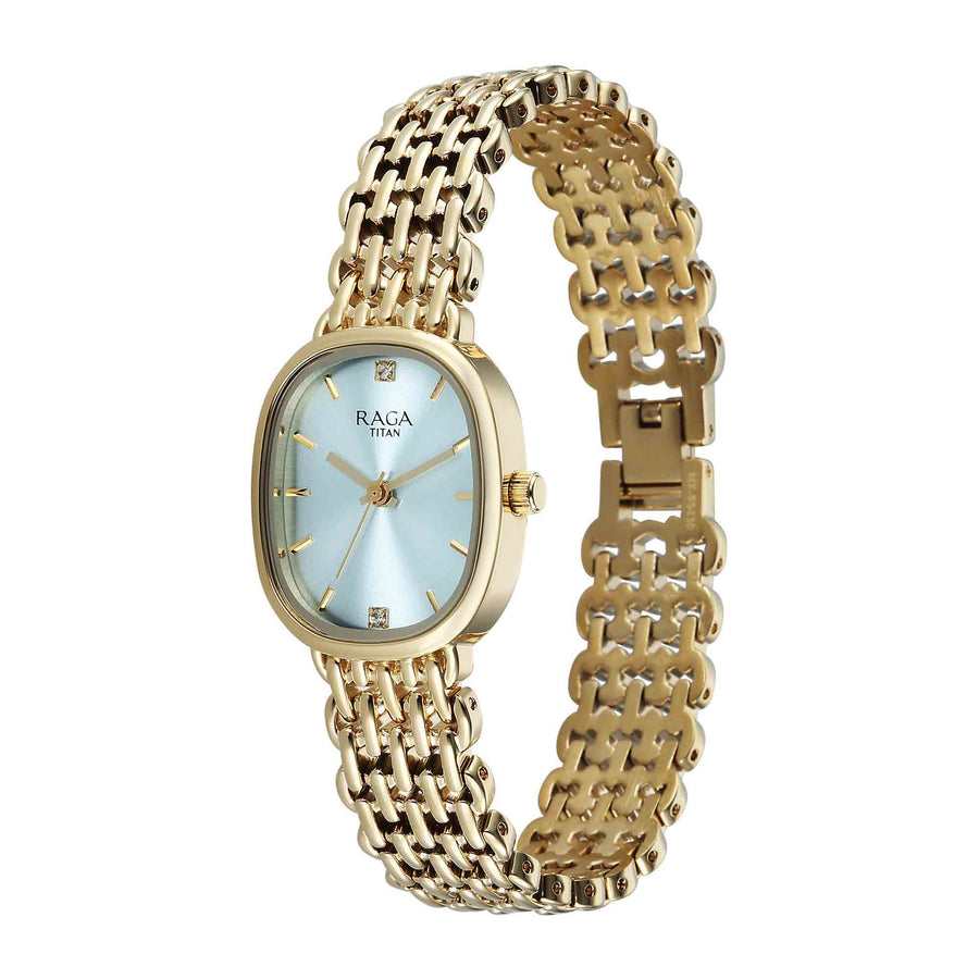 Titan Raga Blue Shaped Dial Gold Metal Strap Analog Watch For Women