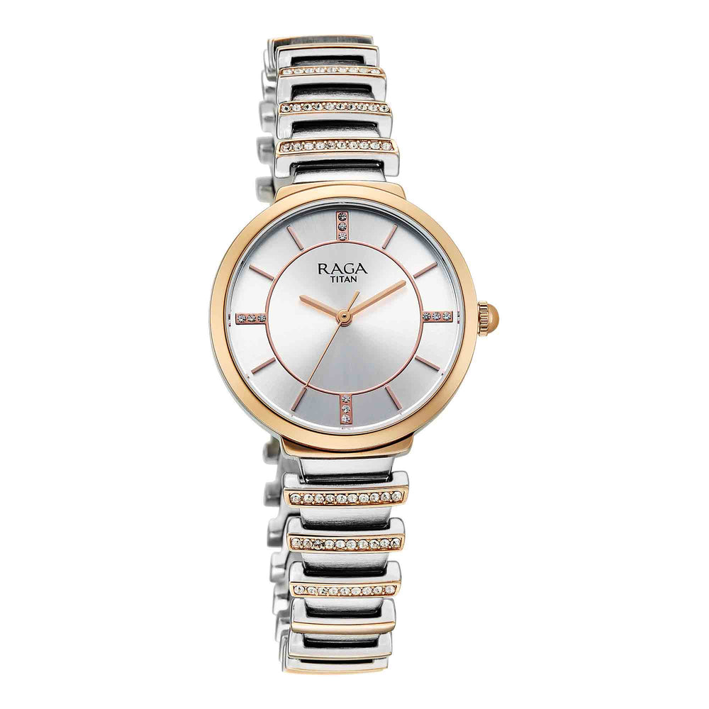 Titan Raga Silver Dial Two Toned Metal Strap Analog Watch For Women
