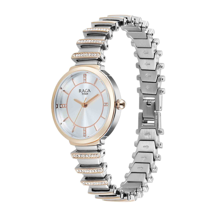 Titan Raga Silver Dial Two Toned Metal Strap Analog Watch For Women