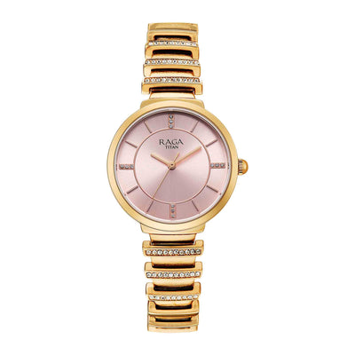 Titan Raga Pink Dial Rose Gold Metal Strap Analog Watch For Women