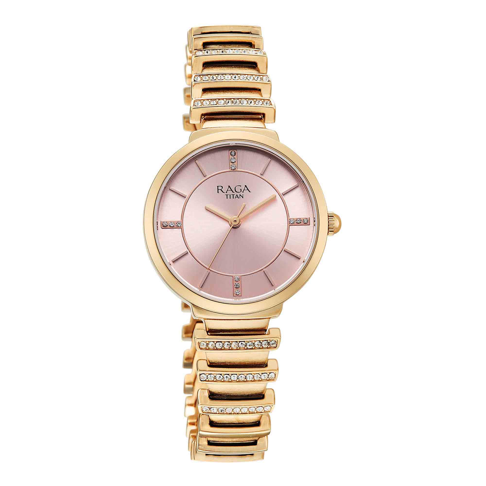 Titan Raga Pink Dial Rose Gold Metal Strap Analog Watch For Women