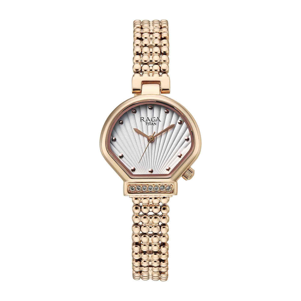 Titan Raga White Shaped Dial Rose Gold Metal Strap Analog Watch For Women