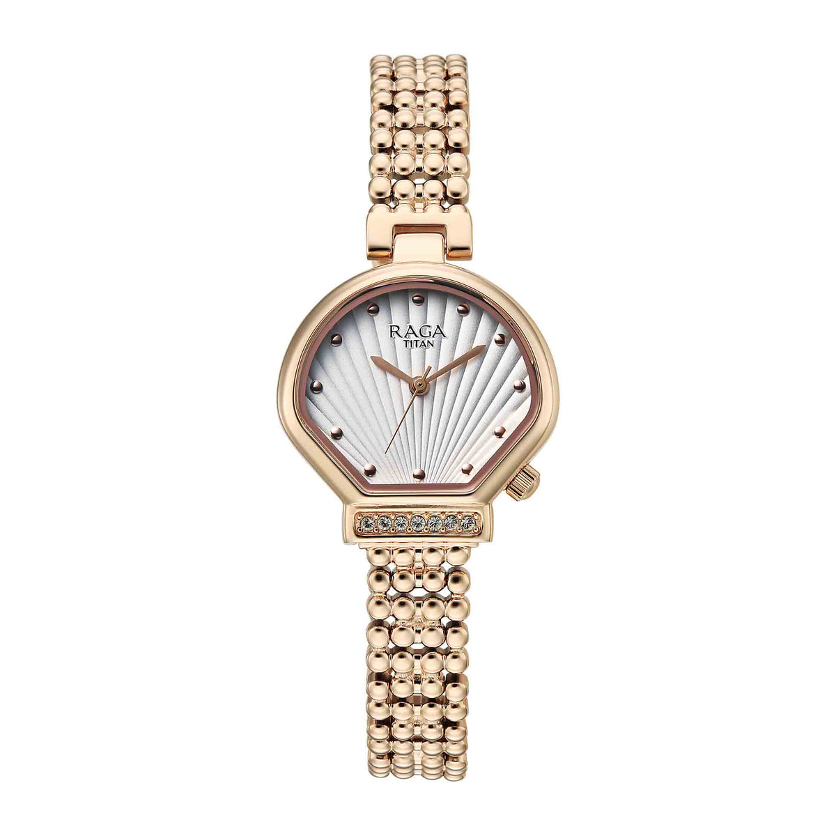 Titan Raga White Shaped Dial Rose Gold Metal Strap Analog Watch For Women