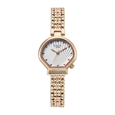 Titan Raga White Shaped Dial Rose Gold Metal Strap Analog Watch For Women