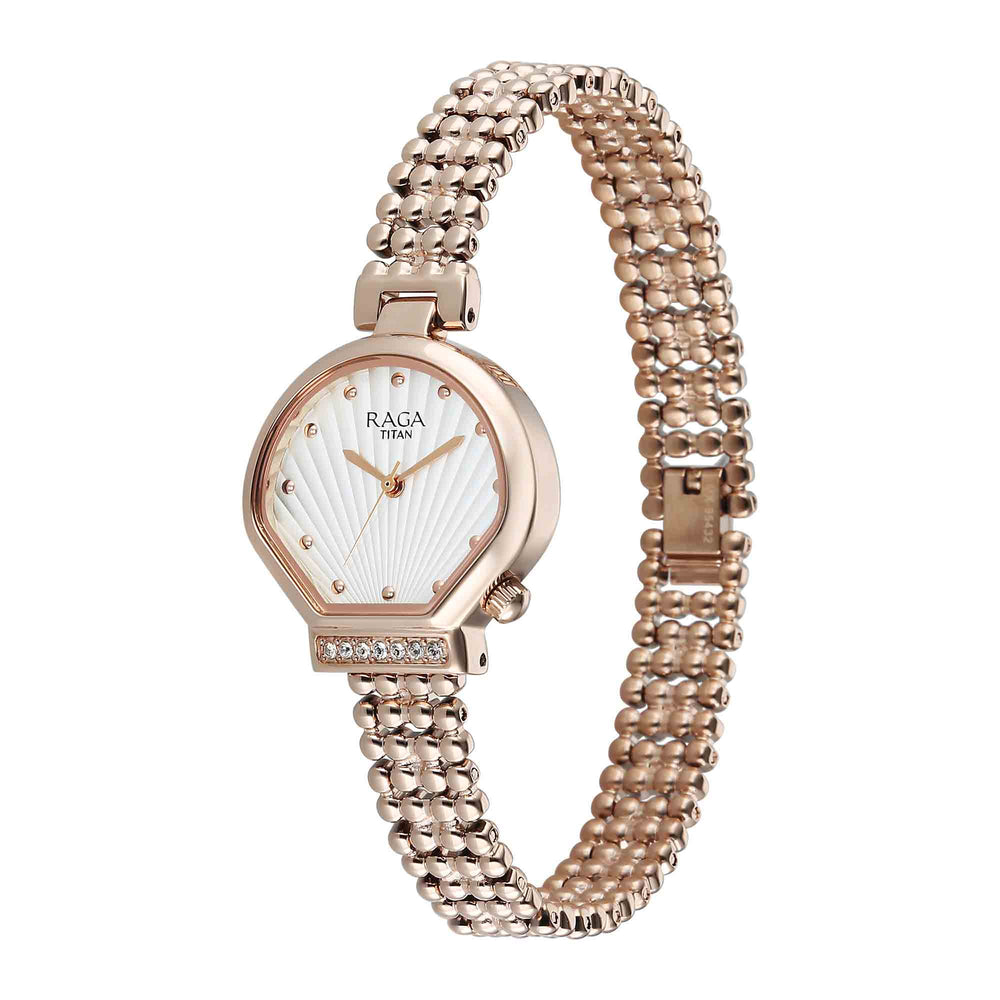 Titan Raga White Shaped Dial Rose Gold Metal Strap Analog Watch For Women