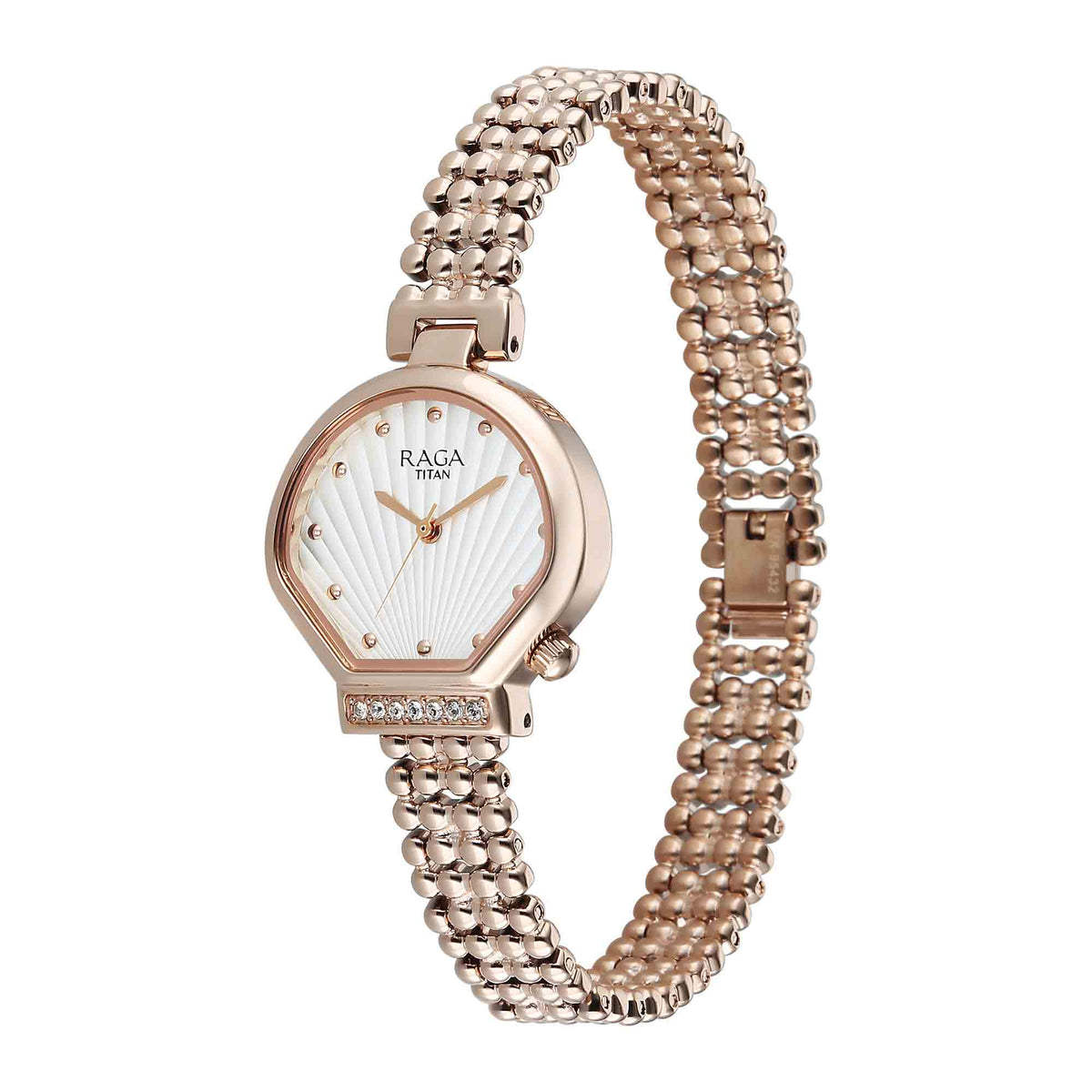 Titan Raga White Shaped Dial Rose Gold Metal Strap Analog Watch For Women