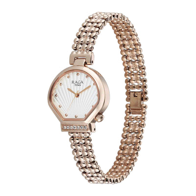 Titan Raga White Shaped Dial Rose Gold Metal Strap Analog Watch For Women
