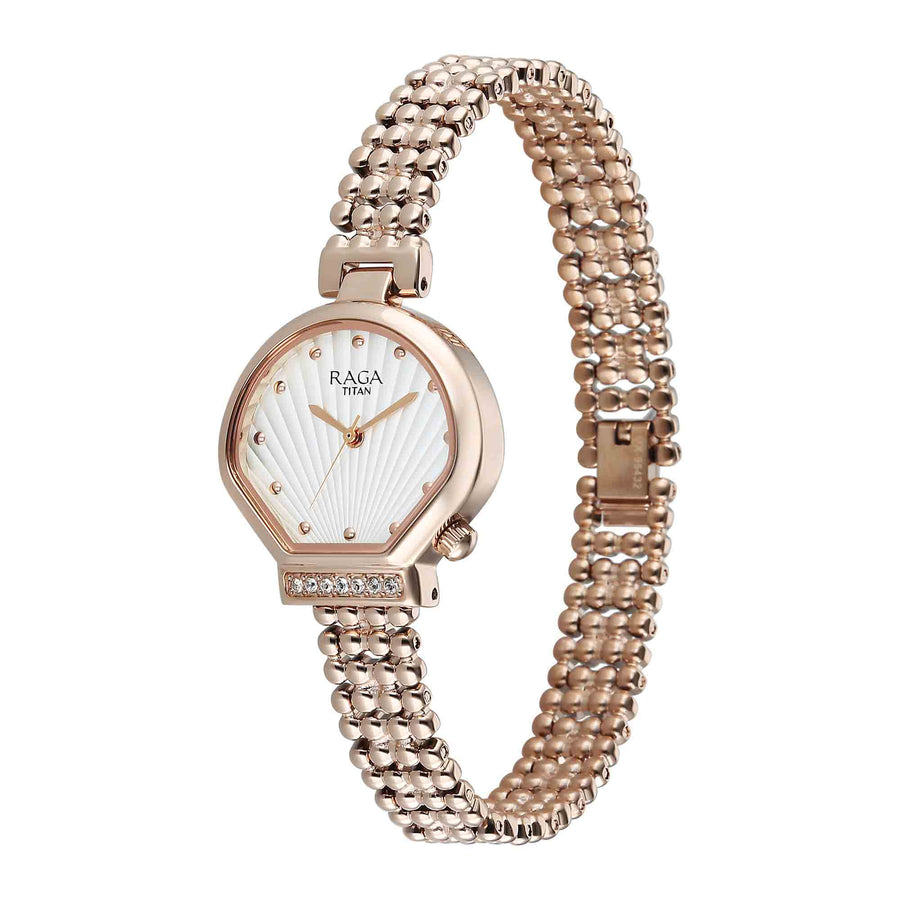 Titan Raga White Shaped Dial Rose Gold Metal Strap Analog Watch For Women