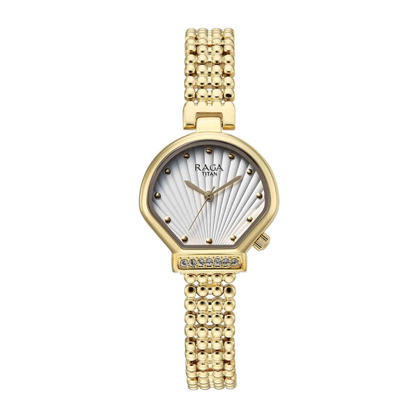 Titan Raga White Shaped Dial Gold Metal Strap Analog Watch For Women