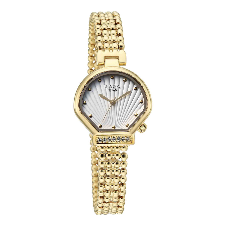 Titan Raga White Shaped Dial Gold Metal Strap Analog Watch For Women