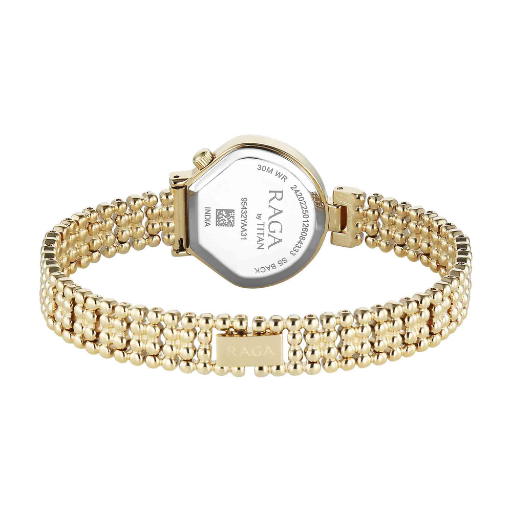 Titan Raga White Shaped Dial Gold Metal Strap Analog Watch For Women