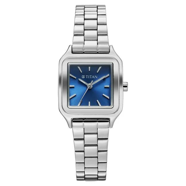 Titan Workwear Blue Square Dial Silver Stainless Steel Strap Analog Watch for Women