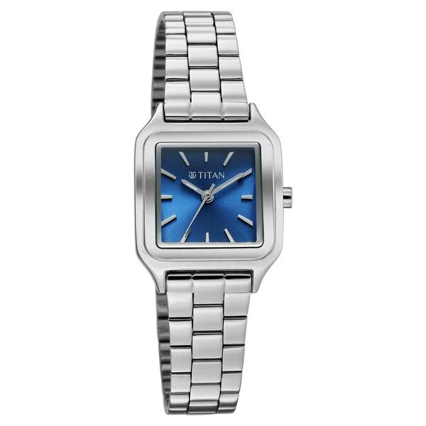 Titan Workwear Blue Square Dial Silver Stainless Steel Strap Analog Watch for Women