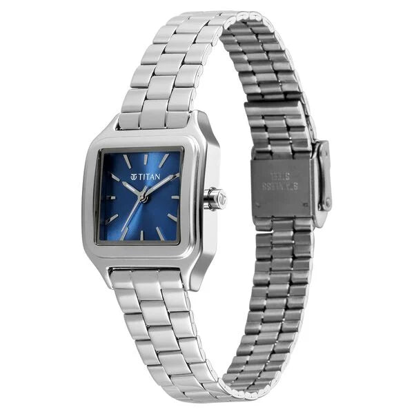 Titan Workwear Blue Square Dial Silver Stainless Steel Strap Analog Watch for Women