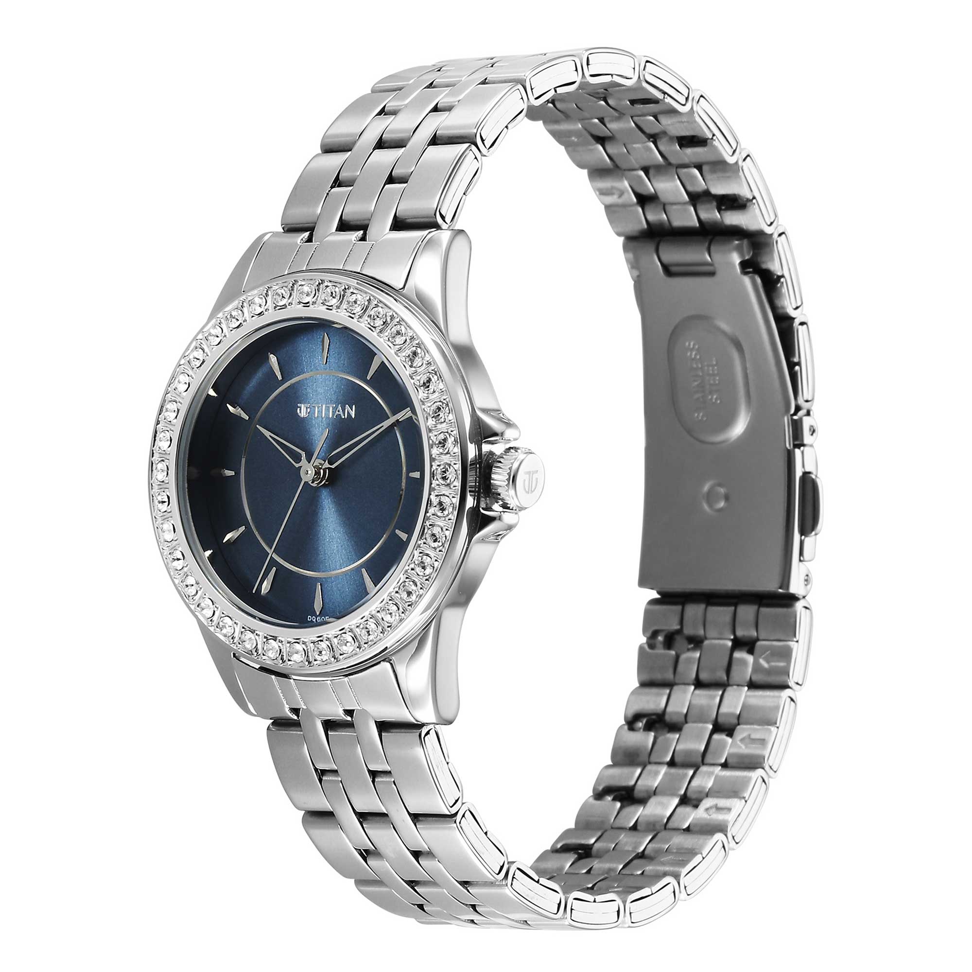 Titan Blue Dial Silver Metal Strap Analog Watch for Women