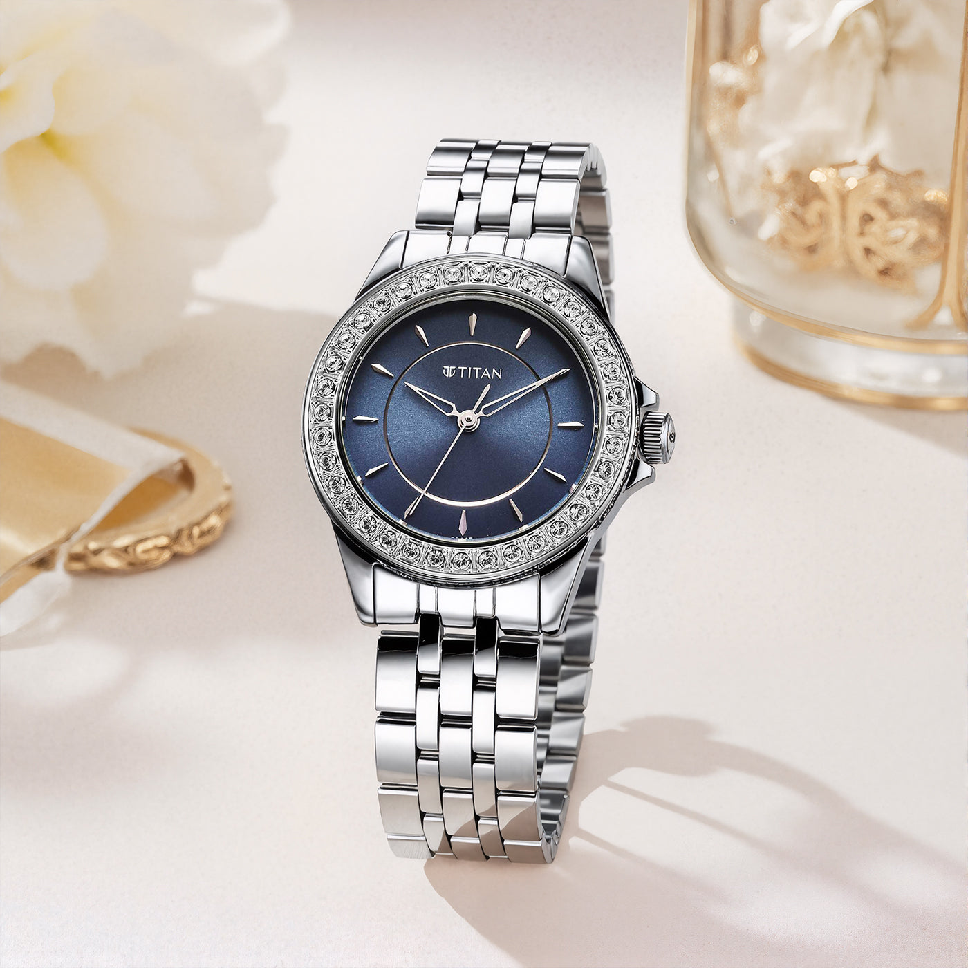 Titan Blue Dial Silver Metal Strap Analog Watch for Women