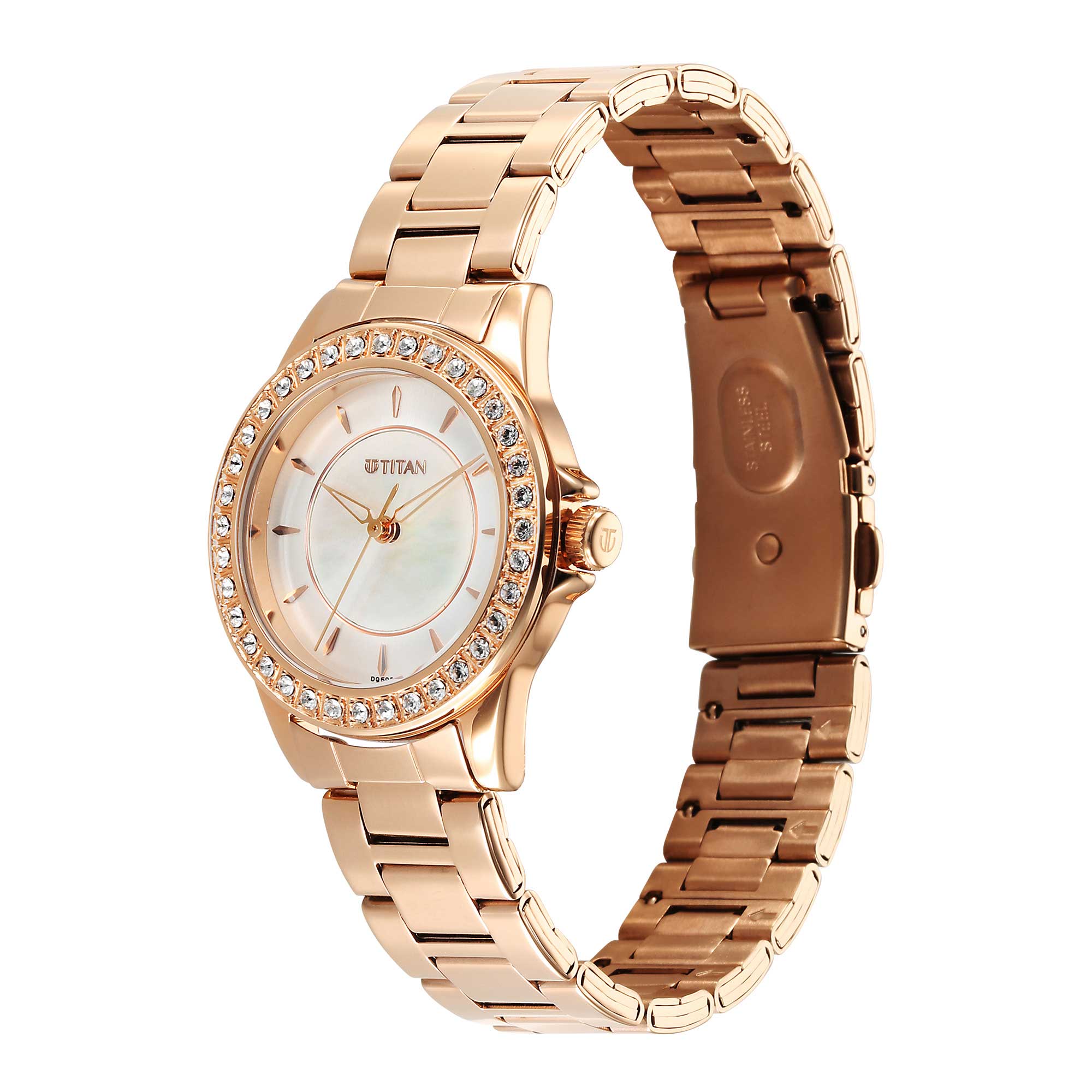 Titan Mother of Pearl Dial Rose Gold Metal Strap Analog Watch for Women