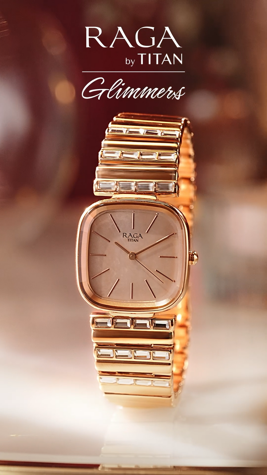 Titan Raga Glimmers Rose Gold Square Dial Metal Strap Watch for Women