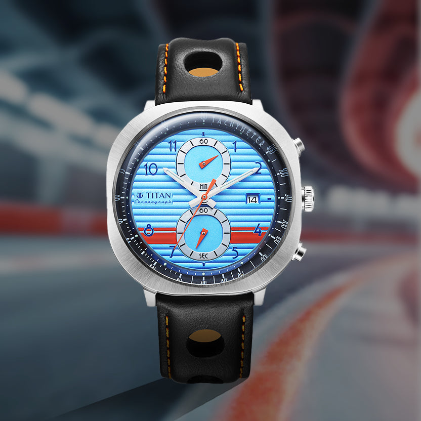 Titan Racecraft Blue Dial Black Leather Strap Chronograph Watch for Men