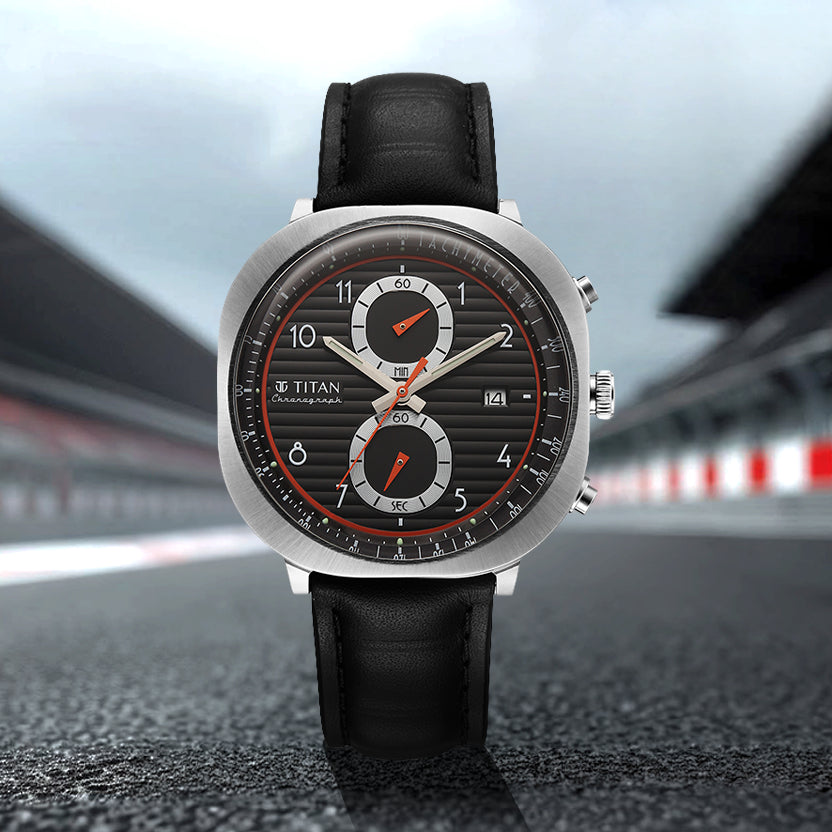 Titan Racecraft Black Dial Leather Strap Chronograph Watch for Men