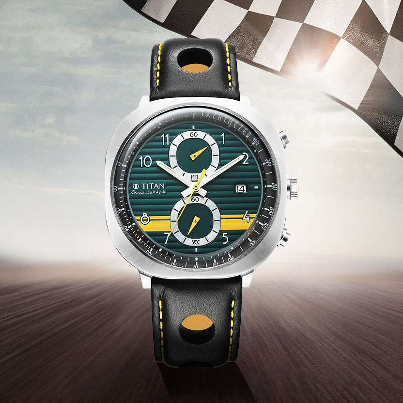 Titan Racecraft Green Dial Black Leather Strap Chronograph Watch for Men