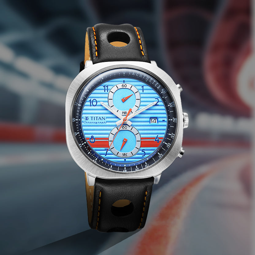 Titan Racecraft Blue Dial Black Leather Strap Chronograph Watch for Men