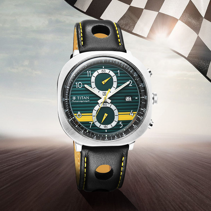 Titan Racecraft Green Dial Black Leather Strap Chronograph Watch for Men