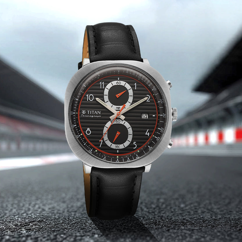 Titan Racecraft Black Dial Leather Strap Chronograph Watch for Men