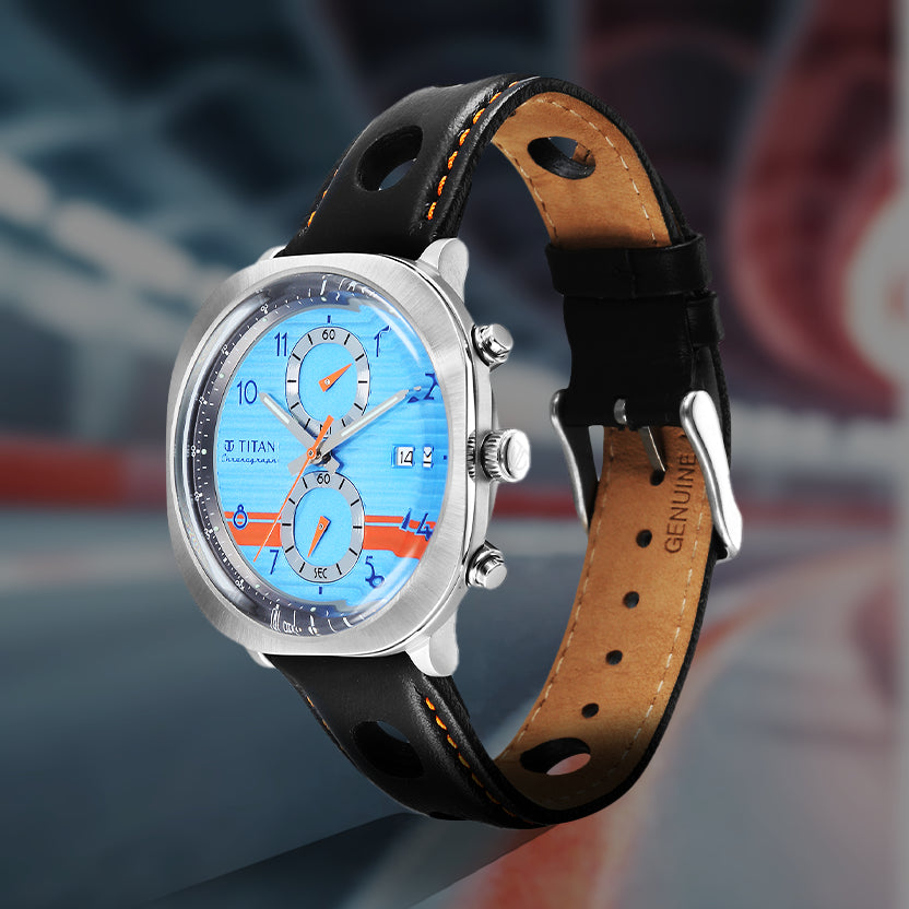 Titan Racecraft Blue Dial Black Leather Strap Chronograph Watch for Men