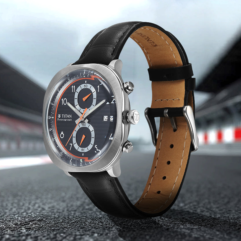 Titan Racecraft Black Dial Leather Strap Chronograph Watch for Men