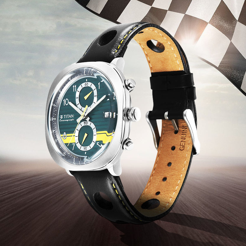 Titan Racecraft Green Dial Black Leather Strap Chronograph Watch for Men