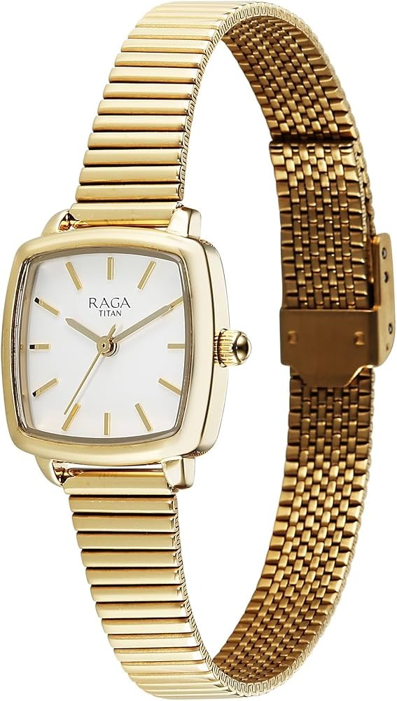 Titan Raga Showstopper Champagne Dial Gold Metal Strap Analog Watch for Women